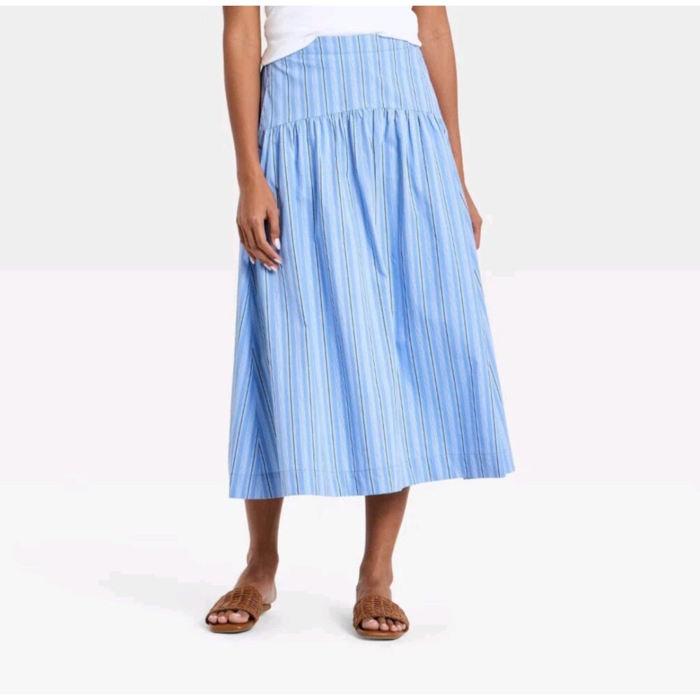 Women's A New Day Resort Poplin Drop Waist Midi Skirt Blue Striped Large